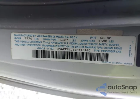 2003 Volkswagen New Beetle Turbo S from USA, damaged, VIN 3VWFE21C53M412140